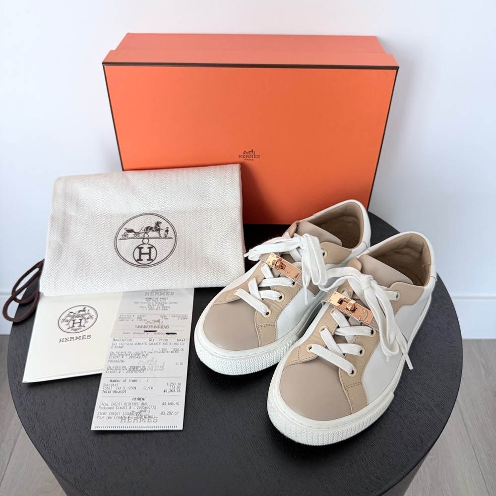 Hermes Day Calfskin Women’s Sneakers Multicolor Beige Rose Gold 35.5 $1250